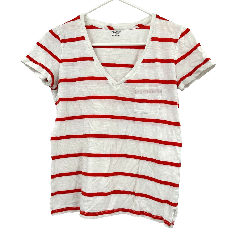 Madewell size XXS red white striped‎ short sleeve t-shirt v neck top shirt tee
